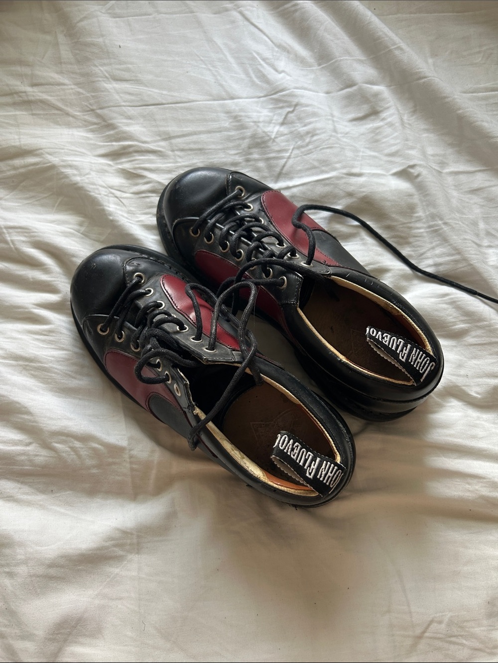 John Fluevog Black and Burgundy Lace-Up Derby Sneakers